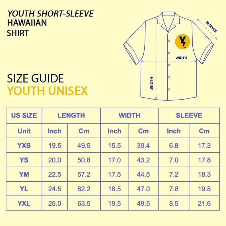 May include: A diagram of a youth short-sleeve Hawaiian shirt with a size guide. The size guide includes measurements in inches and centimeters for length, width, and sleeve size for youth unisex sizes YXS, YS, YM, YL, and YXL.