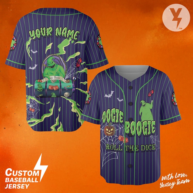 May include: Custom baseball jersey in navy blue with green pinstripes. The front features the text "Oogie Boogie Roll the Dice" with a jack-o'-lantern and spiderwebs. The back has "YOUR NAME" above a graphic of a character.