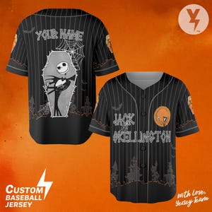 May include: Black baseball jersey with white pinstripes, featuring Jack Skellington and the text "Jack Skellington". The back of the jersey has a coffin design with the text "YOUR NAME". The jersey also has the text "Custom Baseball Jersey".