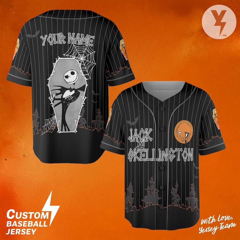 May include: Black baseball jersey with white pinstripes, featuring Jack Skellington and the text "Jack Skellington". The back of the jersey has a coffin design with the text "YOUR NAME". The jersey also has the text "Custom Baseball Jersey".