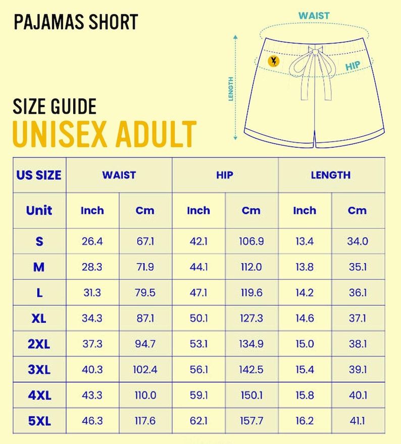 Op de afbeelding: Maattabel voor unisex volwassen pyjamashorts. De gids toont afmetingen in inches en centimeters voor taille, heup en lengte, van maat S tot 5XL. De tekst "PAJAMAS SHORT" en "SIZE GUIDE UNISEX ADULT" zijn weergegeven.
