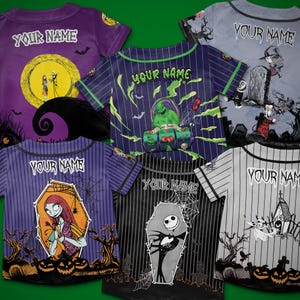 May include: Collection of baseball-style shirts with various Halloween-themed designs. Each shirt features a different character or scene, including Jack Skellington, Sally, and Oogie Boogie. The text "YOUR NAME" is printed above the designs.