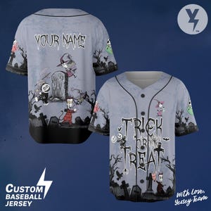 May include: A light gray custom baseball jersey with a Halloween theme. The front features "Trick or Treat" text and cartoon characters. The back has "Your Name" text and more characters. The jersey has black sleeves and trim.
