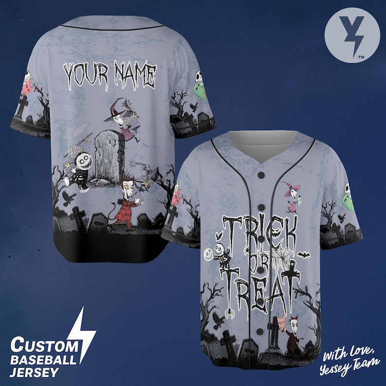 May include: A light gray custom baseball jersey with a Halloween theme. The front features "Trick or Treat" text and cartoon characters. The back has "Your Name" text and more characters. The jersey has black sleeves and trim.