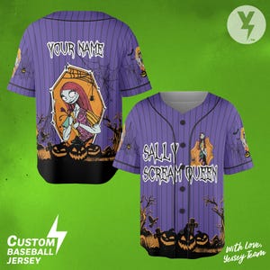 May include: Purple baseball jersey with vertical stripes, featuring a Sally design with the text "YOUR NAME" on the back and "SALLY SCREAM QUEEN" on the front. Includes pumpkin and tree graphics.