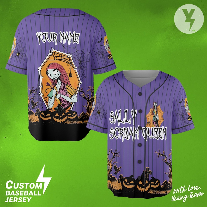 May include: Purple baseball jersey with vertical stripes, featuring a Sally design with the text "YOUR NAME" on the back and "SALLY SCREAM QUEEN" on the front. Includes pumpkin and tree graphics.