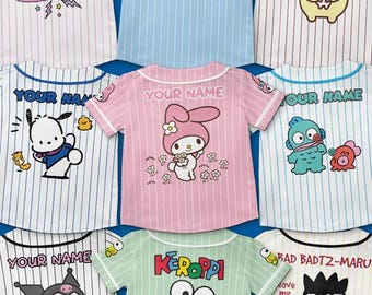 May include: A collection of short-sleeved baseball jerseys featuring various Sanrio characters including Hello Kitty, Cinnamoroll, Pompompurin, Pochacco, My Melody, Hangyodon, Kuromi, Keroppi, and Badtz-Maru, with pinstriped patterns and custom text.