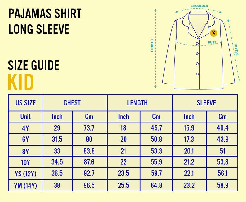 Op de afbeelding: Afbeelding van een kinderpyjamashirt met lange mouwen en een maattabel. De maattabel bevat borst-, lengte- en mouwmaten in inches en centimeters. Het shirt heeft een knoopsluiting en een klein logo op de borst.