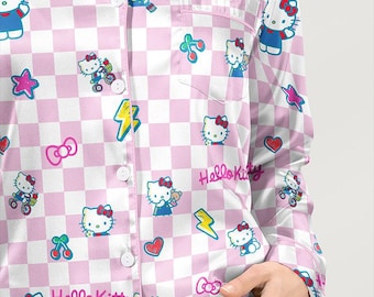Hallo Kätzchen Kleines Mädchen Satin Pyjama Set, Japan Kawaii Nachtwäsche, Japan Charakter Shirt, Familie Passende Pyjamas Shirt