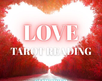 Op de afbeelding: Een afbeelding met een hartvormige lijst van rode bomen rond een weg. Het woord "LOVE" staat in grote, gloeiende witte letters, met "TAROT READING" eronder. De tekst "SAME HOUR" staat onderaan in lichtblauw.