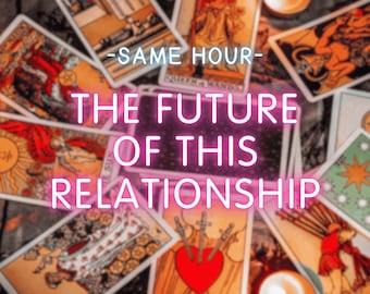 May include: A collection of tarot cards with a central neon sign that reads "THE FUTURE OF THIS RELATIONSHIP". The cards are arranged around the sign, with some featuring illustrations and symbols. The text "-SAME HOUR-" is above the sign.