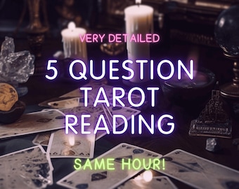 May include: An image featuring tarot cards, lit candles, and a crystal ball. The text overlay reads "VERY DETAILED" and "5 QUESTION TAROT READING SAME HOUR!" The scene is dimly lit, creating a mystical atmosphere.