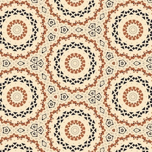 Peut inclure: Un motif répétitif composé de grands mandalas circulaires dans des tons crème, bleu marine foncé et orange terre cuite. Le design se compose d'anneaux concentriques avec des formes géométriques, incluant des triangles et des petits points.