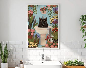 Funny Black Cat in Sink Bathroom Print Floral Botanical Wall Art Cat Lover Gift