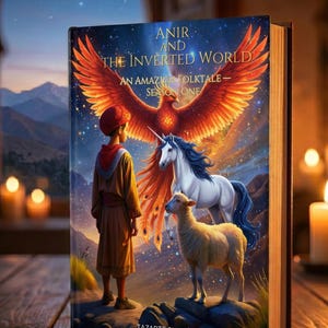 May include: A hardcover book titled "Anir and the Inverted World" with a vibrant cover illustration. The cover features a boy, a unicorn, and a lamb, set against a backdrop of a phoenix and a starry sky. The book is on a wooden surface.