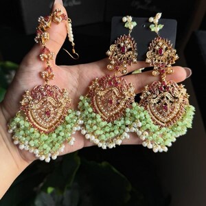 Kundan Teeka Set with saharey - mint/ruby teeka set / desi wedding jewelry