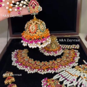 Gold plated Nauratan Multi-color Bridal Set with jhoomar