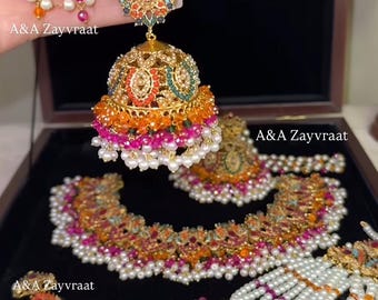 Gold plated Nauratan Multi-color Bridal Set with jhoomar