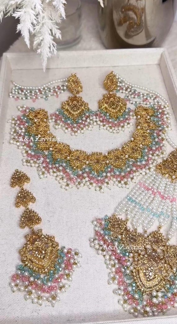 Gold Plated Nauratan Bridal Jewelry Set: Pakistani Indian Design