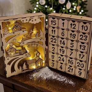 Adventskalender – LED-Adventskalender aus Holz mit nachfüllbaren Schubladen – Wiederverwendbares Weihnachtscountdown-Haus
