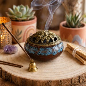Può includere: Un bruciatore di incenso in ceramica con coperchio floreale in bronzo, che emette fumo. La ciotola è marrone con accenti blu. Una campana d'oro e un bastoncino d'incenso sono in primo piano. Il bruciatore è su una fetta di legno, con piante sullo sfondo.