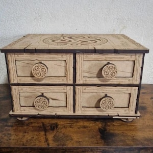 Mini ladekast met 4 lades, Ouija-bordaccessoire, opbergruimte voor tarotkaarten, kristallen, pendel, sieraden. Apothekersdoos.