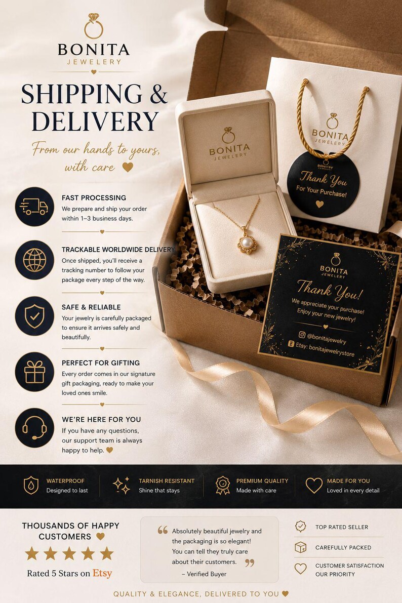 Puede incluir: Una caja de joyer&iacute;a abierta con un collar de oro con un colgante de perla. La caja est&aacute; dentro de una caja de cart&oacute;n m&aacute;s grande, con una bolsa de regalo y una tarjeta de agradecimiento. La imagen incluye el logotipo de Bonita Jewelry y texto sobre env&iacute;o y entrega.