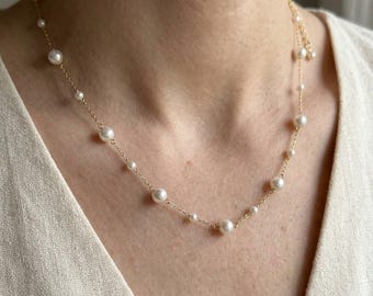 Collar Pearl Station Gold, collar de perlas de agua dulce para combinar, joyería nupcial delicada, regalo para damas de honor, boda
