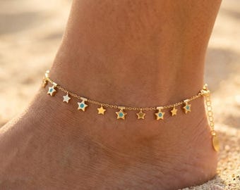 Tobillera Estrella Dorada, dije de esmalte turquesa, joyería delicada para la playa, cadena minimalista de verano