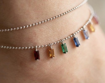 Layered Rainbow Gemstone Anklet, Dainty Silver Chain Jewelry