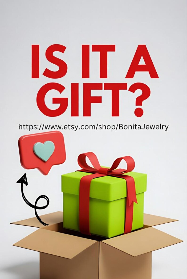 Puede incluir: Una caja de regalo verde con una cinta y un lazo rojos est&aacute; dentro de una caja de cart&oacute;n marr&oacute;n. El texto rojo "IS IT A GIFT?" est&aacute; encima de la caja de regalo. Una burbuja de di&aacute;logo roja con un coraz&oacute;n azul est&aacute; a la izquierda.