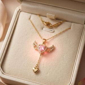 Puede incluir: Un collar dorado con un colgante en forma de coraz&oacute;n alado, engastado con una piedra rosa y peque&ntilde;as piedras transparentes. Un peque&ntilde;o dije de coraz&oacute;n cuelga debajo. El collar se presenta en una caja de joyer&iacute;a beige.