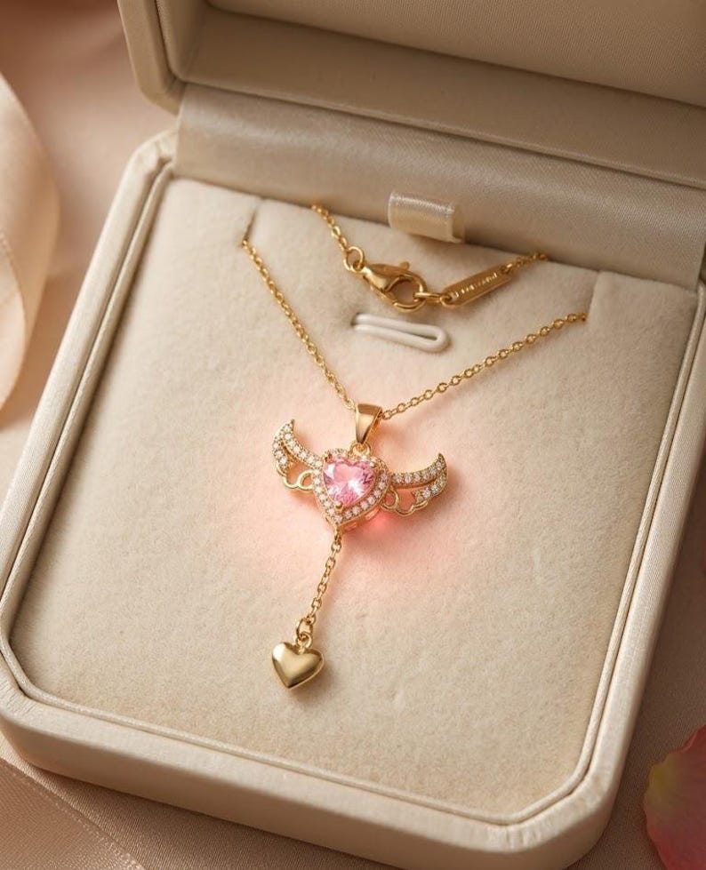 Puede incluir: Un collar dorado con un colgante en forma de coraz&oacute;n alado, engastado con una piedra rosa y peque&ntilde;as piedras transparentes. Un peque&ntilde;o dije de coraz&oacute;n cuelga debajo. El collar se presenta en una caja de joyer&iacute;a beige.