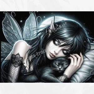 Peut inclure: Illustration fantastique d'une fée endormie aux longs cheveux noirs, reposant sur un oreiller avec un chat noir. La fée a de grandes ailes translucides et se trouve devant un ciel étoilé avec une pleine lune.