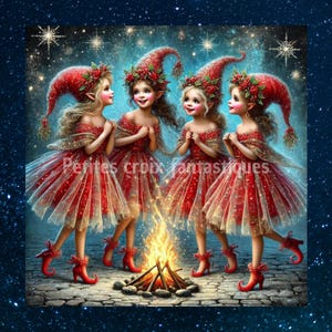 May include: An illustration of four figures in red dresses and hats, gathered around a small bonfire. The figures have fair skin, blonde hair, and are wearing red shoes. The background is a starry night sky with the text "Petites croix fantastiques".