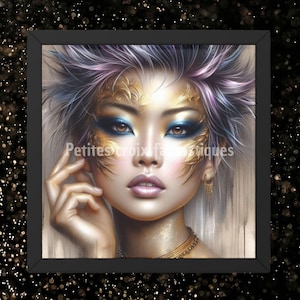 Puede incluir: Una obra de arte enmarcada que presenta un retrato estilizado con maquillaje elaborado. La persona tiene sombra de ojos azul, detalles dorados y cabello morado y blanco. El texto "Petites croix fantastiques" es visible.