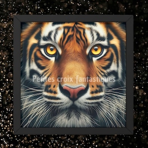 Peut inclure: Tableau carré encadré représentant un gros plan du visage d'un tigre. Le tigre a des rayures orange et noires, avec des yeux jaunes perçants et un nez rose. L'œuvre est encadrée dans un cadre noir, avec le texte "Petites croix fantastiques" en bas.