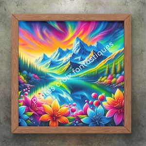 Op de afbeelding: Een levendig, kleurrijk landschapsschilderij in een houten lijst. Het kunstwerk toont een bergketen, een meer en kleurrijke bloemen op de voorgrond. De lucht is gevuld met wervelende regenboogtinten. De tekst "Petites croix fantastiques" is zichtbaar.
