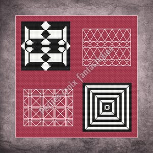 Può includere: Un disegno a punto croce quadrato con quattro motivi geometrici in bianco e nero su sfondo rosso. I motivi includono diamanti, linee intersecanti e quadrati concentrici. Il testo "petites croix fantastiques" è visibile.