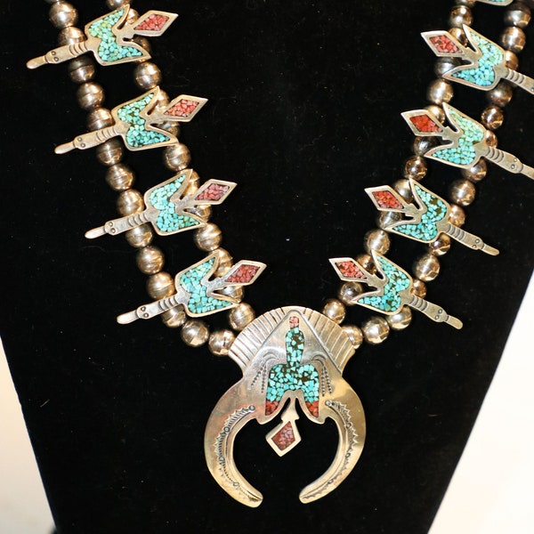 Squash Blossom, Necklace, Jimmy Nezzie, Native American, Sterling Silver, Coral, Inlay, Southwestern, Turquoise, Jewelry, Vintage. Rare