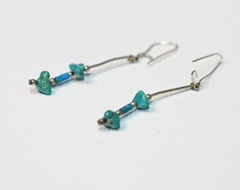 Earrings, Turquoise, Liquid Silver, Heishi, Sterling Silver, Dangle, Pierced, Nuggets, Beaded, Southwestern, Vintage, Estate, Jewelry