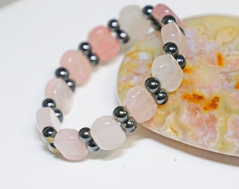 Bracelet, Rose Quartz, Hematite, Stretchy, Vintage, Jewelry, Beaded