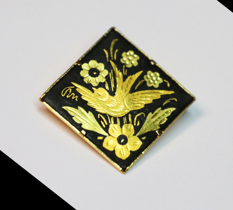 Brooch, Damascene, Bird, Gold Tone, Black Background, Flowers, Offset Square, Vintage, Estate, Jewelry image 3