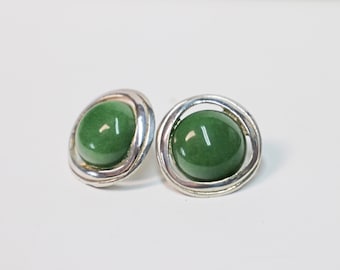 Earrings, Jade, Silver Tone, Post, Pierced, Vintage, Estate, Jewelry