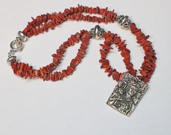 Necklace, Coral, BOHO, Artisan, Sterling Silver, Pendant, Beaded, Two Strands, Vintage, Jewelry.