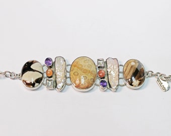 Bracelet, Charles Albert, Signed, Sterling, Coral Fossil Stone, Amethyst, Topaz, Mother of Pearl, Pearl, Precious Stone, Jewelry, Estate