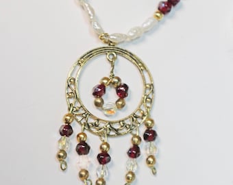 Necklace, Pendant, Garnet, Rice Pearls, Gold Tone, Beaded, Vintage, Estate, Jewelry
