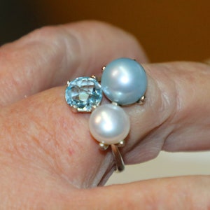 Ring, Sterling Silver, Topaz, Freshwater Pearls, Italian, Signed, Size 9, Statement, Vintage, Estate, Jewelry image 3