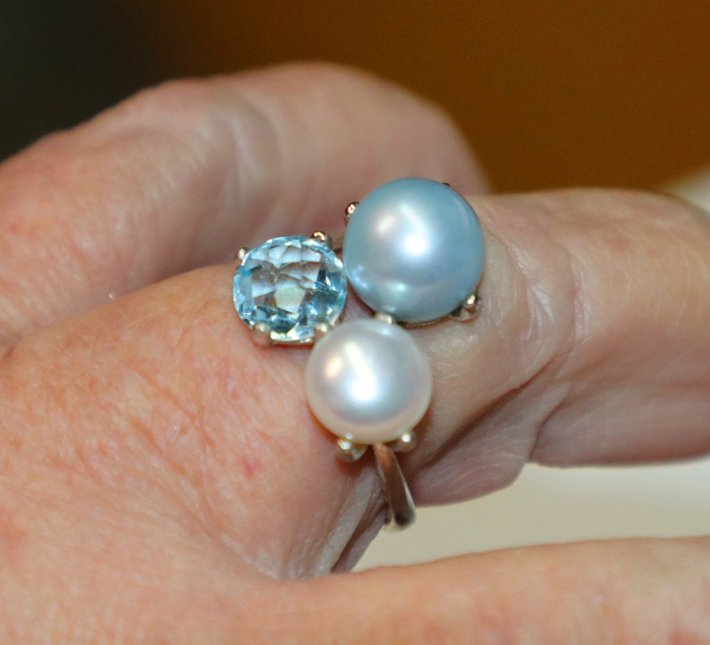 Ring, Sterling Silver, Topaz, Freshwater Pearls, Italian, Signed, Size 9, Statement, Vintage, Estate, Jewelry image 3