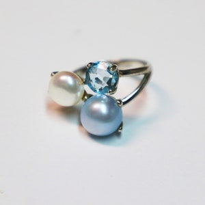 Ring, Sterling Silver, Topaz, Freshwater Pearls, Italian, Signed, Size 9, Statement, Vintage, Estate, Jewelry image 1